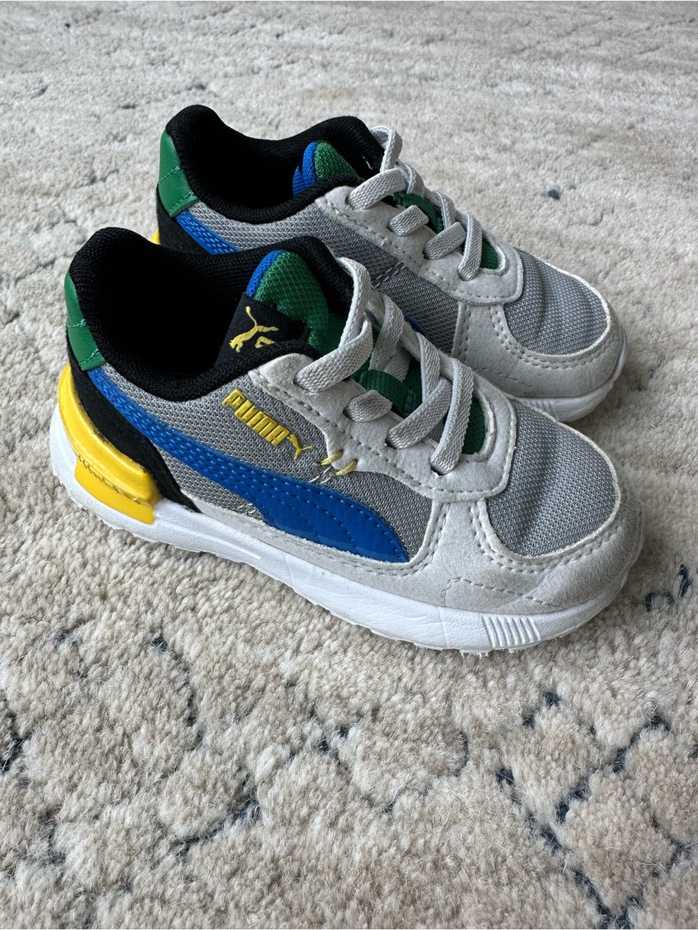Puma Kids Gray Sneakers with Blue, Green & Yellow Accents